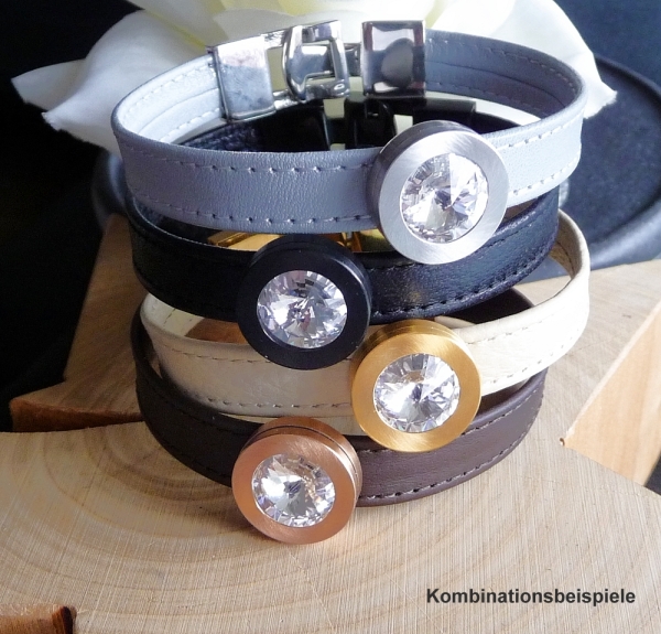 Armband Leder schwarz Edelstahl mit Kristall Stein nach Wahl